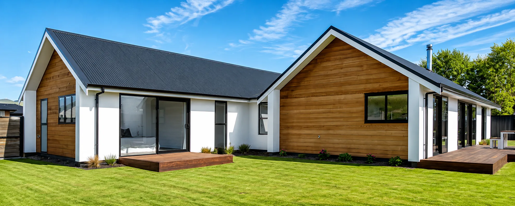 Single level home with stained cedar gables and fresh white walls